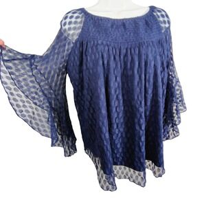 NY Collection Navy Blue Lace Smocked Bell Sleeve Blouse M fairy boho‎ party goth